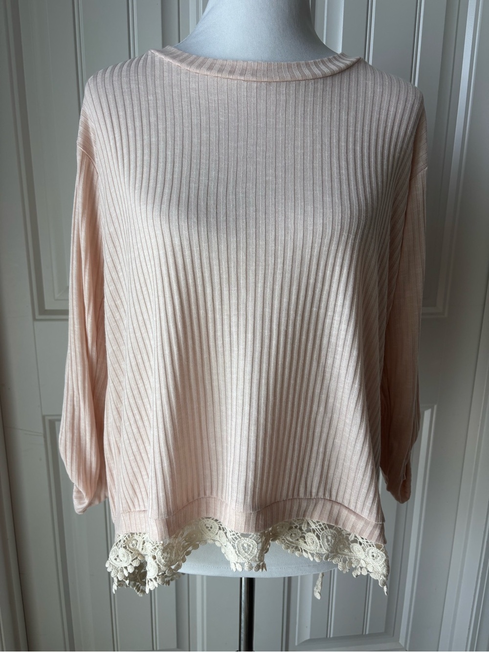 Lily Star Blush Ribbed Knit Top with Cream Lace Hem